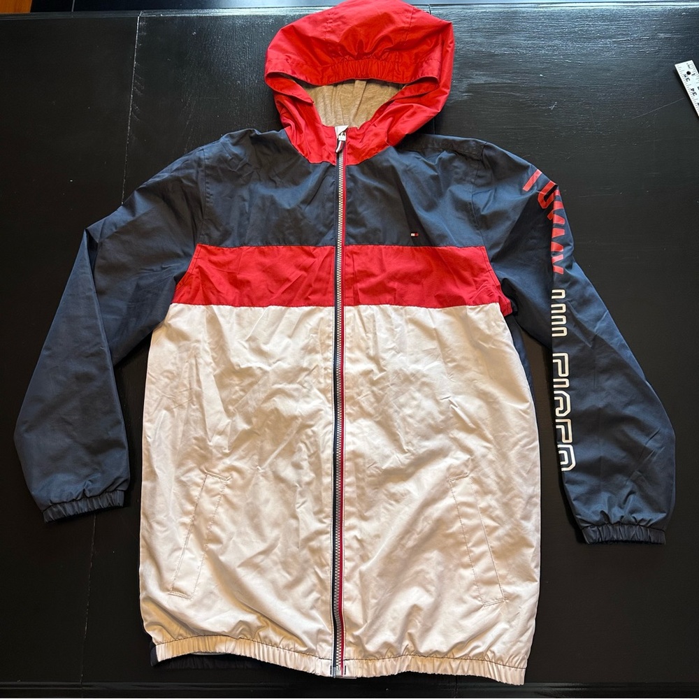 Retro Tommy Hilfiger XL 20 White Blue Windbreaker Jacket Coat Light Weight Fall